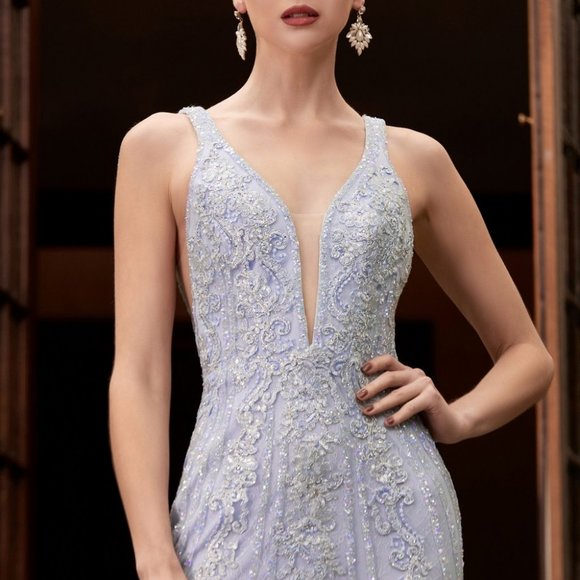 BLUE COLOR PARTY WEDDING PROM PASTEL COLUMN BEADED & LACE DRESS GOWN CD981
